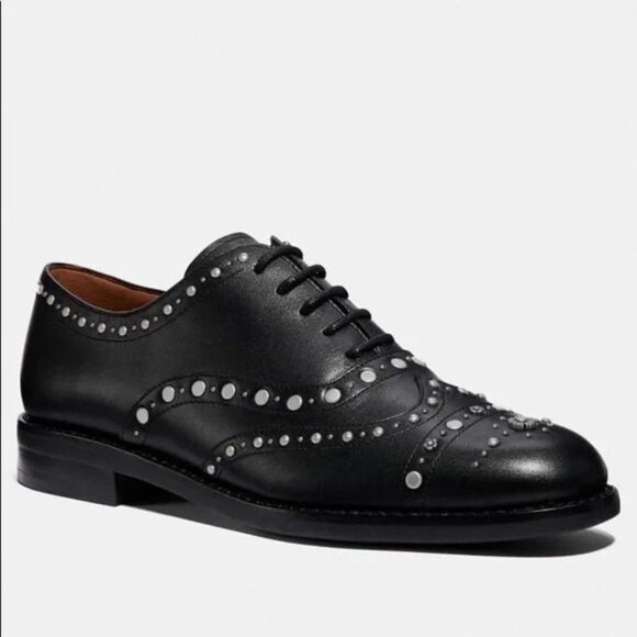 Coach Tegan Oxford Black Leather Tea Rose Studs Lace Up Shoes Size 7 B NWOT - Picture 7 of 7